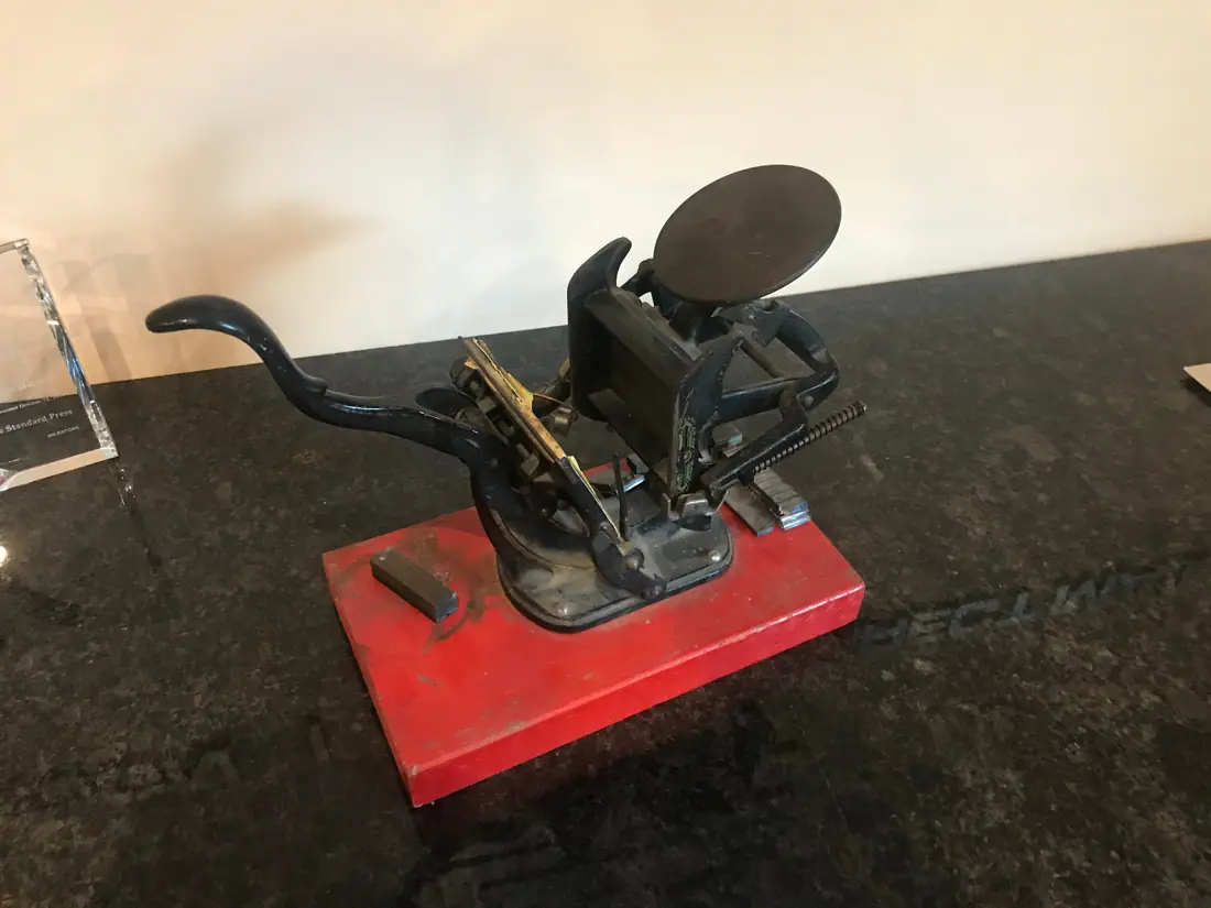 The first printing press used at The Standard Press
