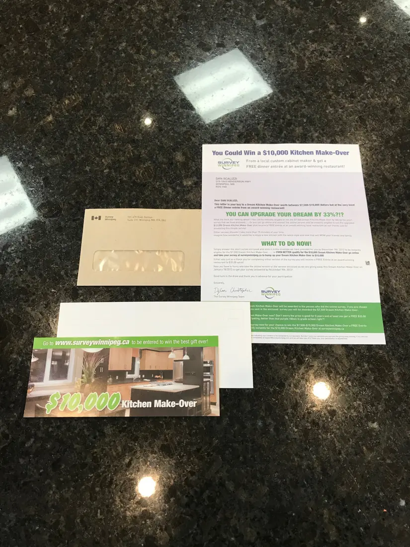 Neighbourhood Mail flyer and window envelope for a $10,000 kitchen makeover contest