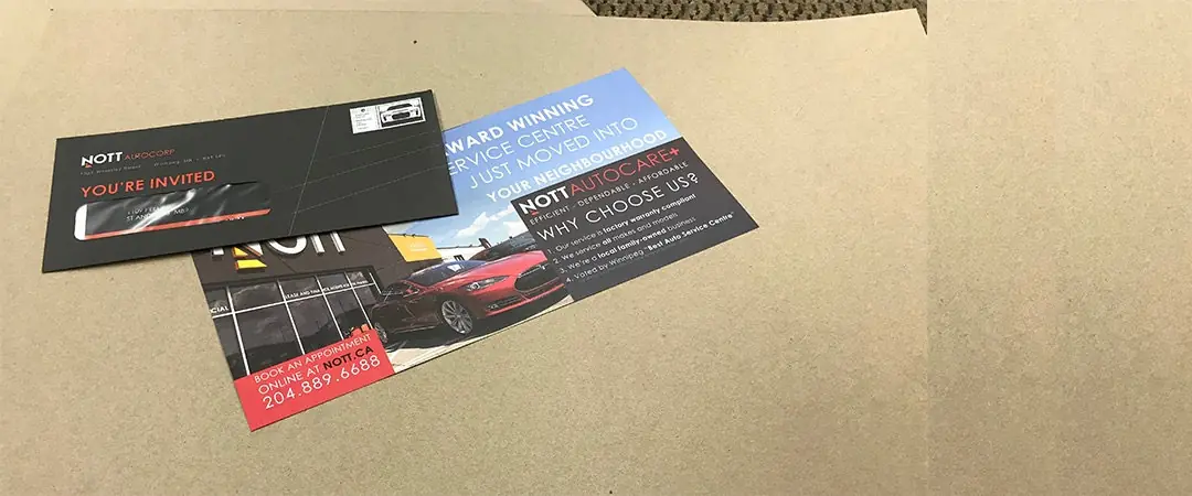 Direct mail postcards, an invitation letter and a custom printed envelope for a car dealership