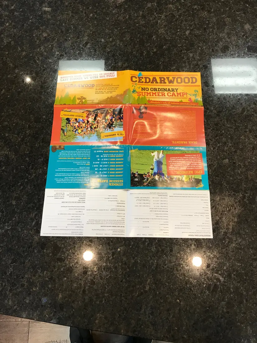 Unfolded oversized brochure self-mailer for Cedarwood summer camp