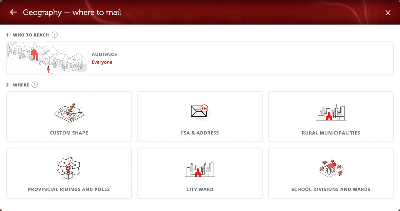 The Geography panel: your audience at the top and six ways to pick where to mail