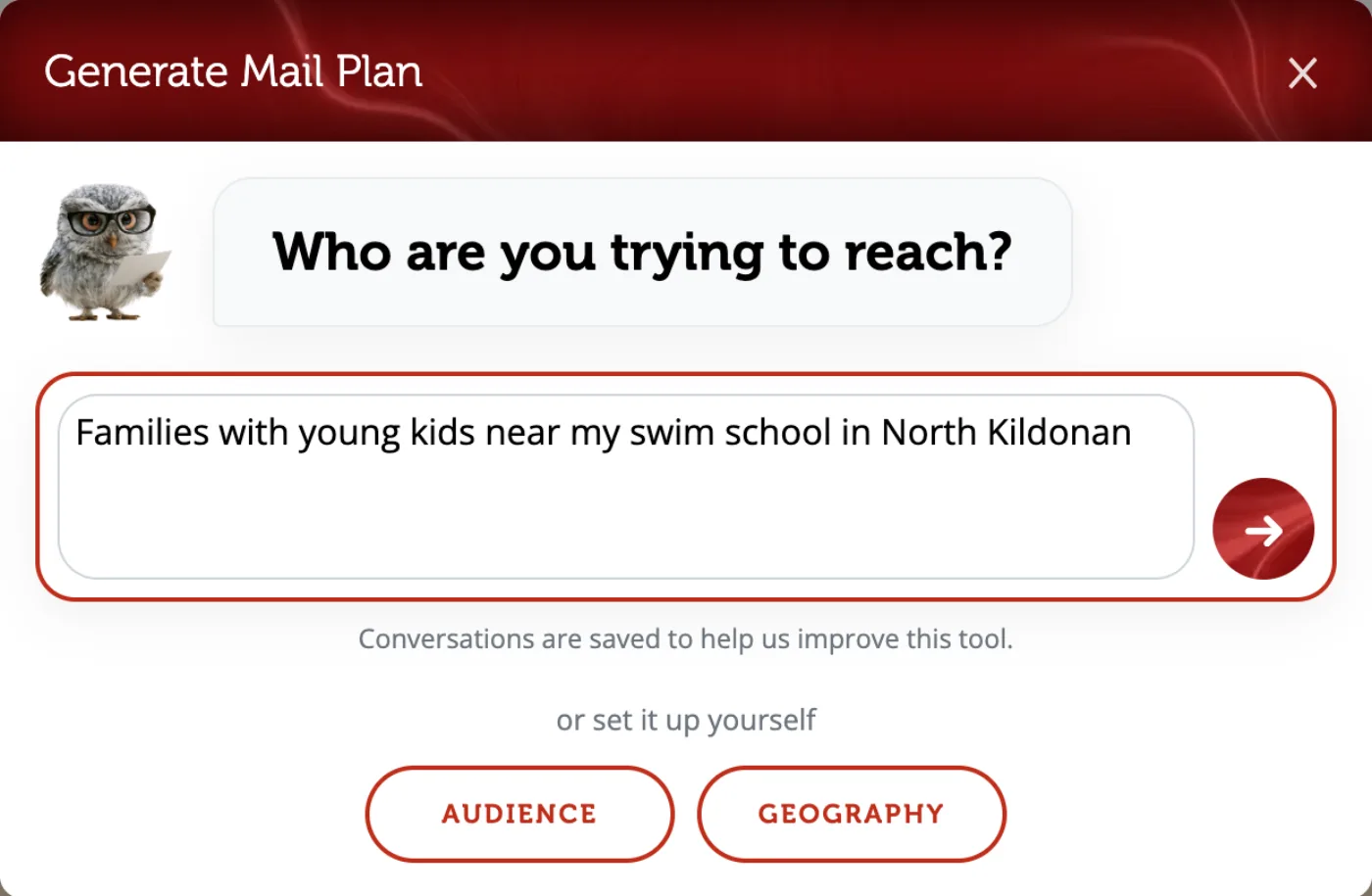 The Generate Mail Plan box: the owl asks who you are trying to reach, with a box to type the answer