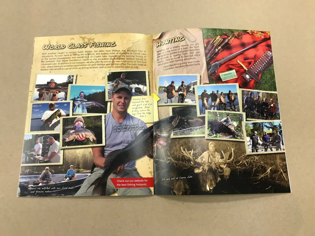 Open fishing-lodge booklet spread full of guest photos and trophy catches