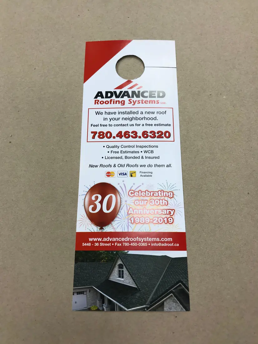 Advanced Roofing Systems door hanger with a 30th-anniversary offer