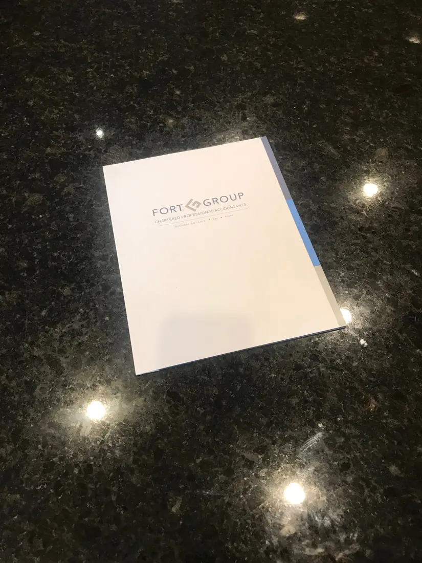 White Fort Group presentation folder printed in full colour with silver ink