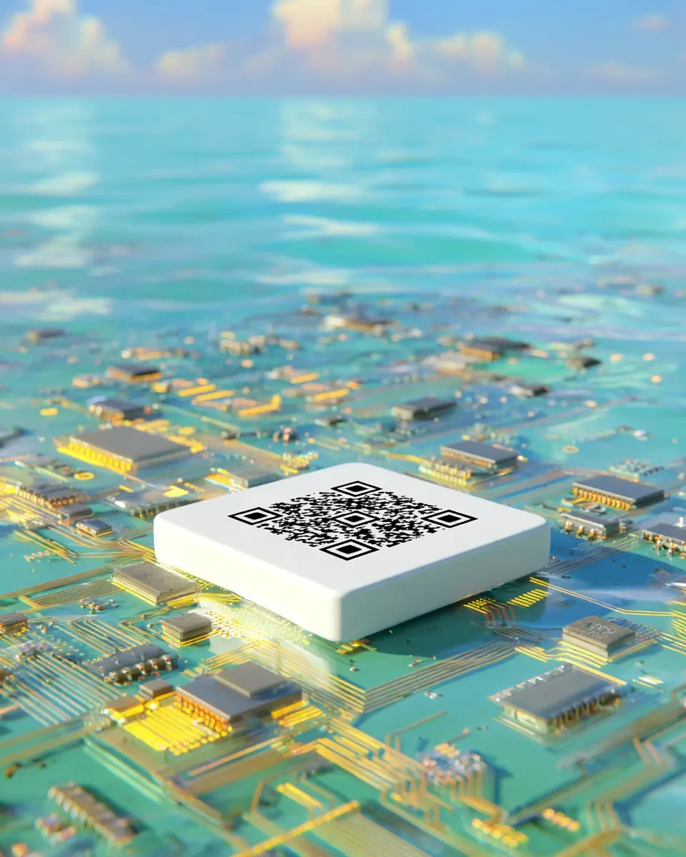 A white tile with a QR code resting on a bright circuit board under clear turquoise water: a simple code with a lot of technology underneath