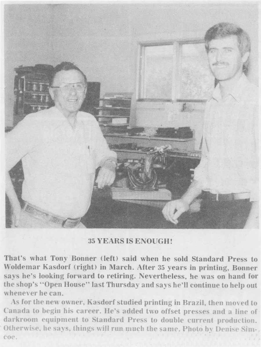 Newspaper clipping headlined 35 Years Is Enough, showing Tony Bonner and Woldemar Kasdorf